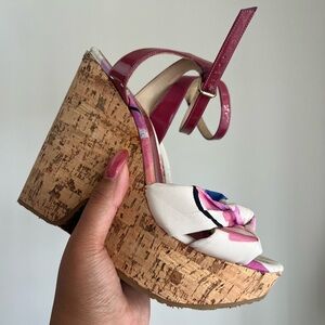 Jimmy Choo Gleam Printed Cork Wedge Sandals In Purple Canvas